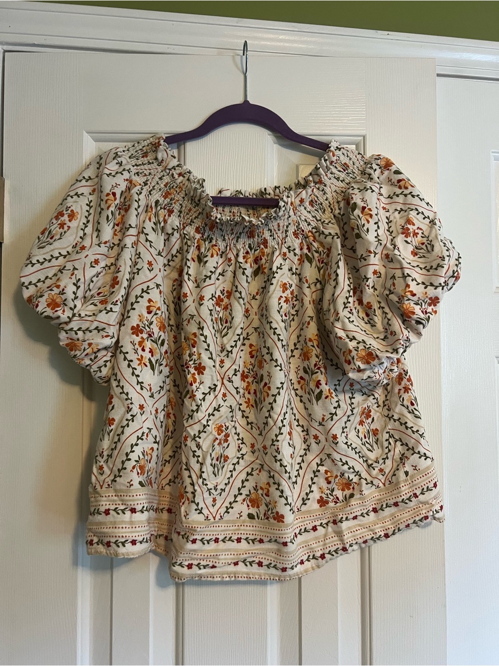 Cynthia Rowley Cream Floral Smocked Off-Shoulder Top